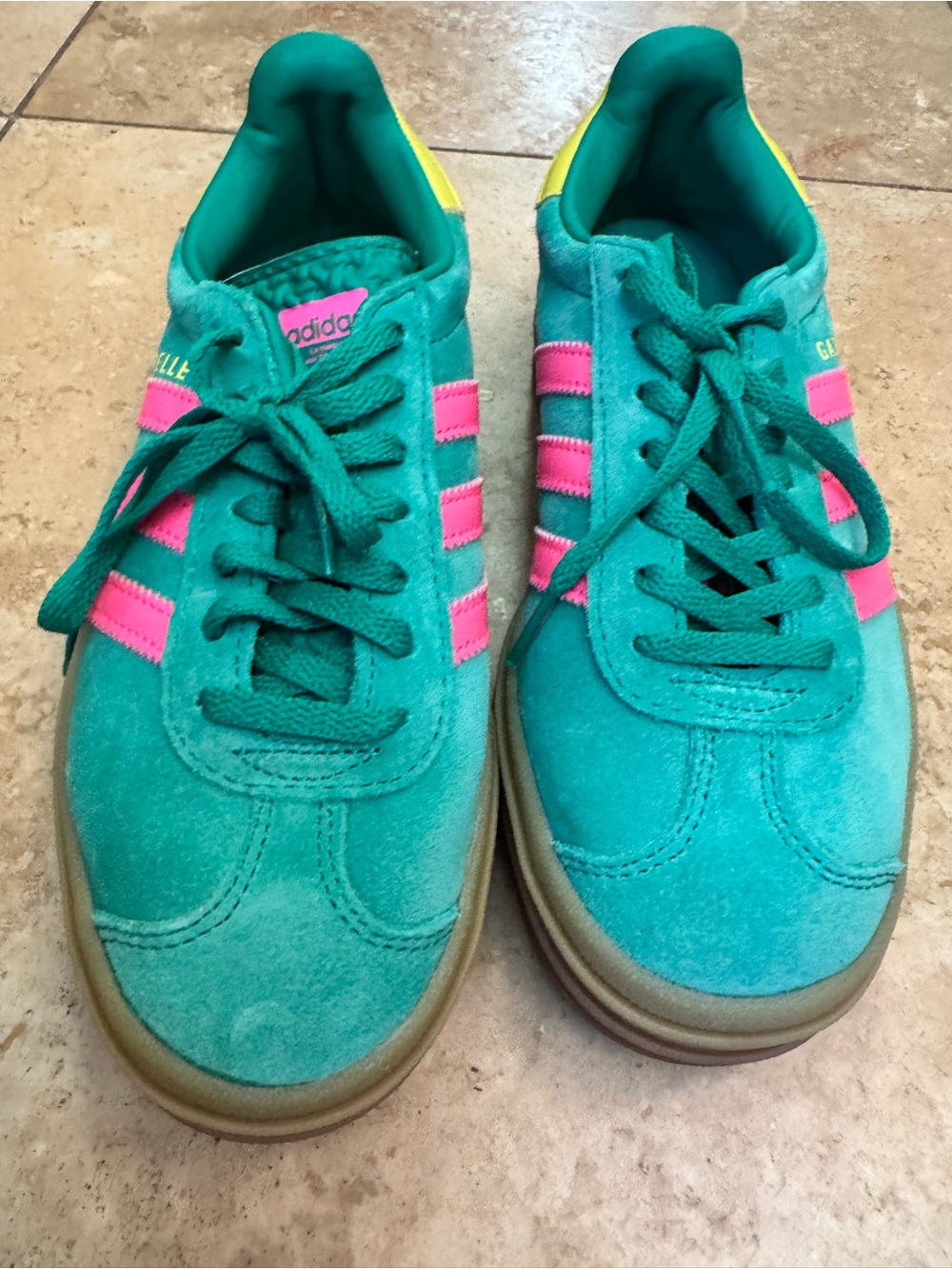 adidas Kids Gazelle Sneakers in Teal with Pink Stripes and Yellow Heel - Picture 3 of 3